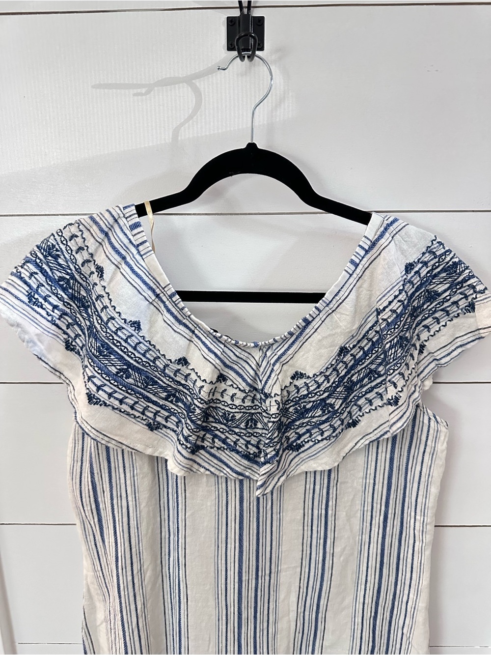 NEW Democracy S blue stripe linen blend off the shoulder top coastal vacation - Picture 13 of 14